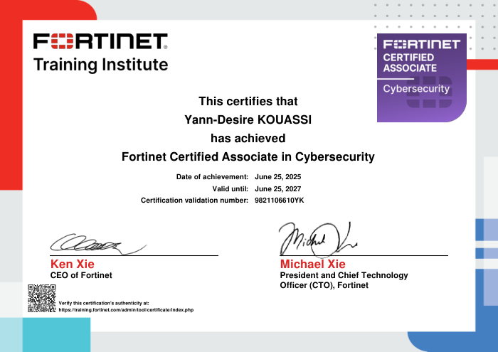Certificat Fortinet Certified Associate (FCA) in Cybersecurity